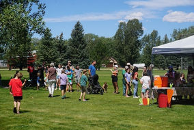 Crowd gathered in food line