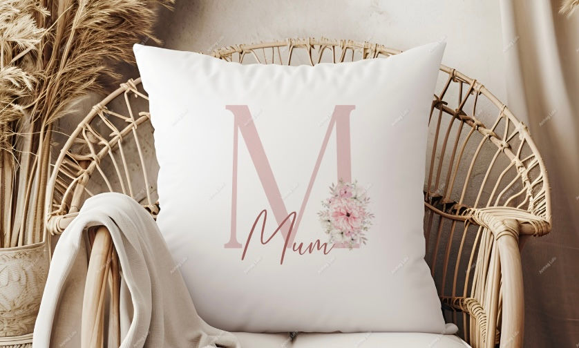 Thumbnail: Pink Floral Initial Cushion (Velvet-Feel)