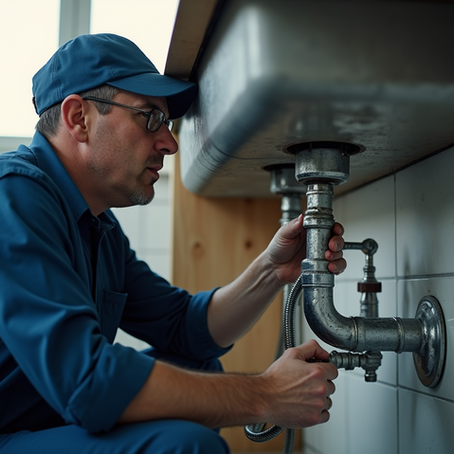 A plumber diligently repairs a drain in a residential home, ensuring smooth water flow and preventing leaks.
