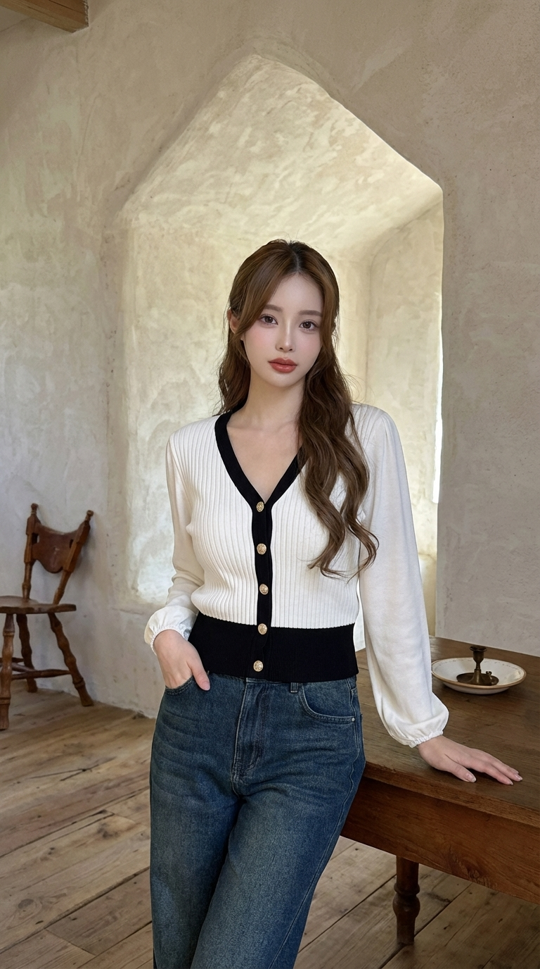 撞色排釦針織雪紡衫