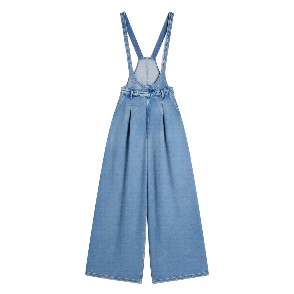 ウォッシュドデニムのオーバーオール、ワイドレッグパンツ