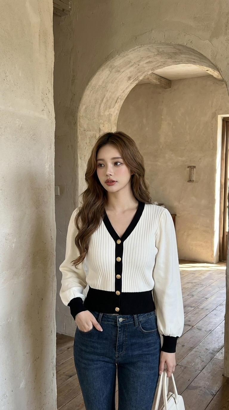 撞色排釦針織雪紡衫