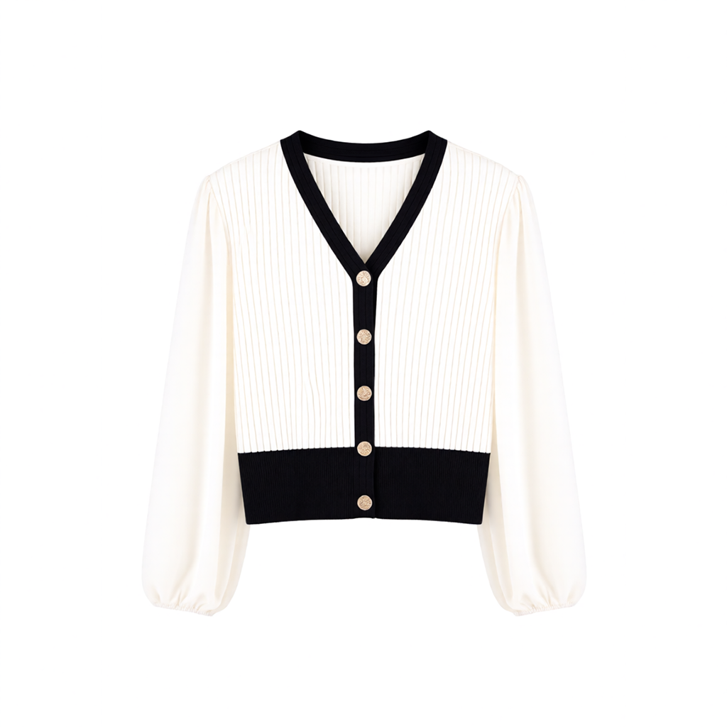 撞色排釦針織雪紡衫