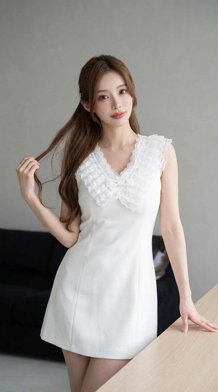 法式荷葉邊無袖短洋裝