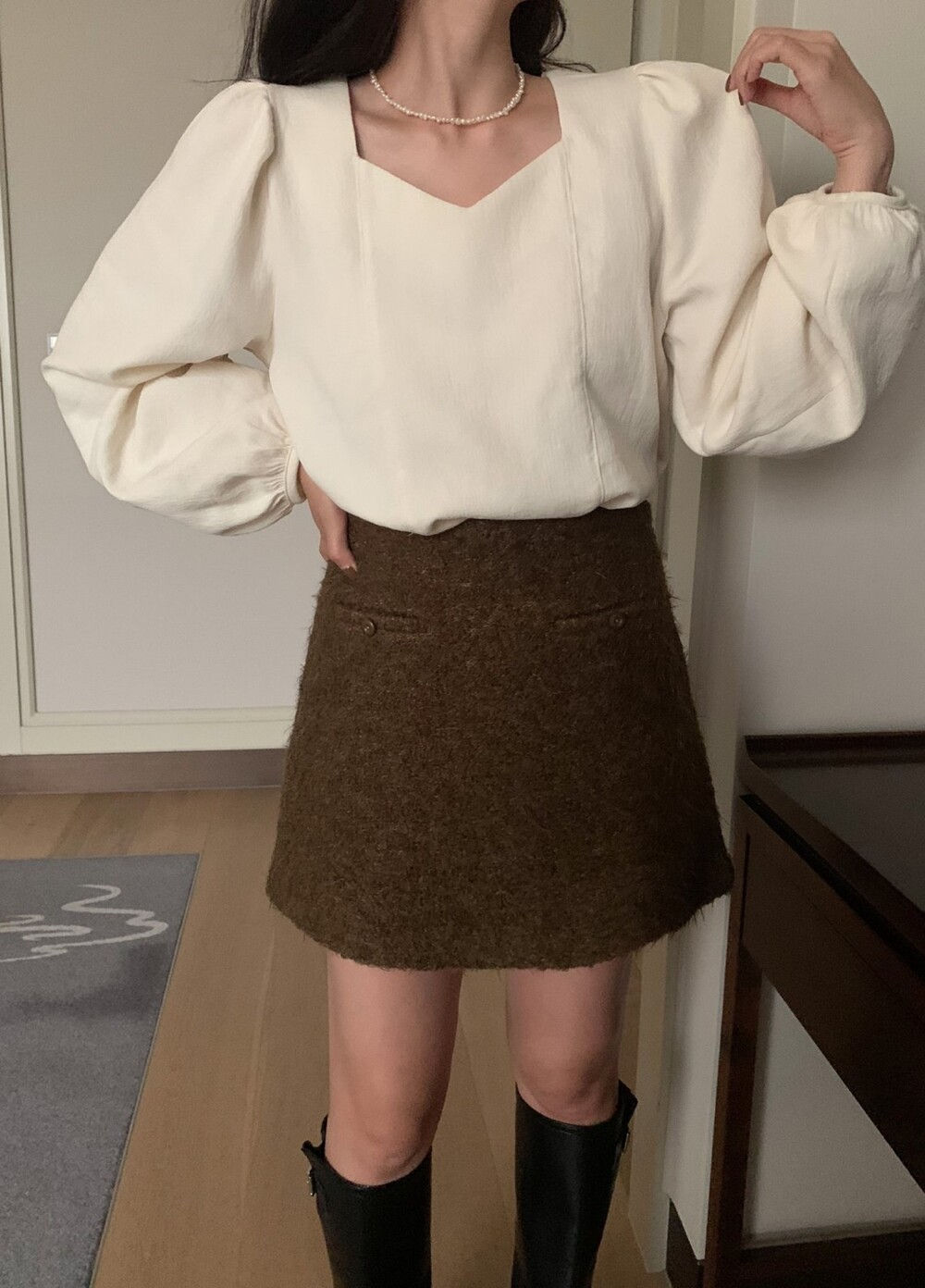 洋氣後背蝴蝶結網紗繫帶泡泡袖襯衫