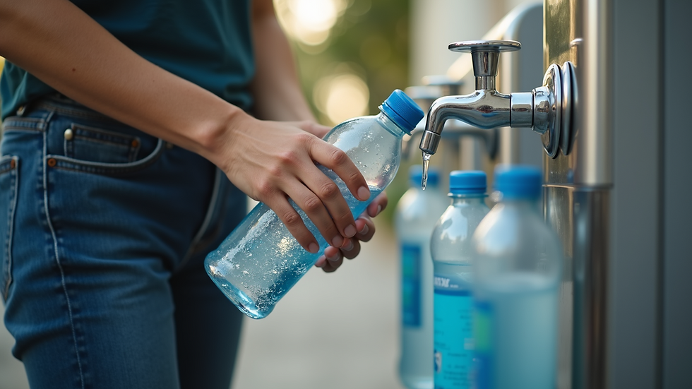 Eye-level view of a person filling a reusable water bottle from a dispenser
