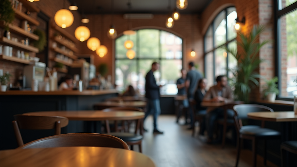 Eye-level view of a cozy coffee shop interior with people engaged in conversation