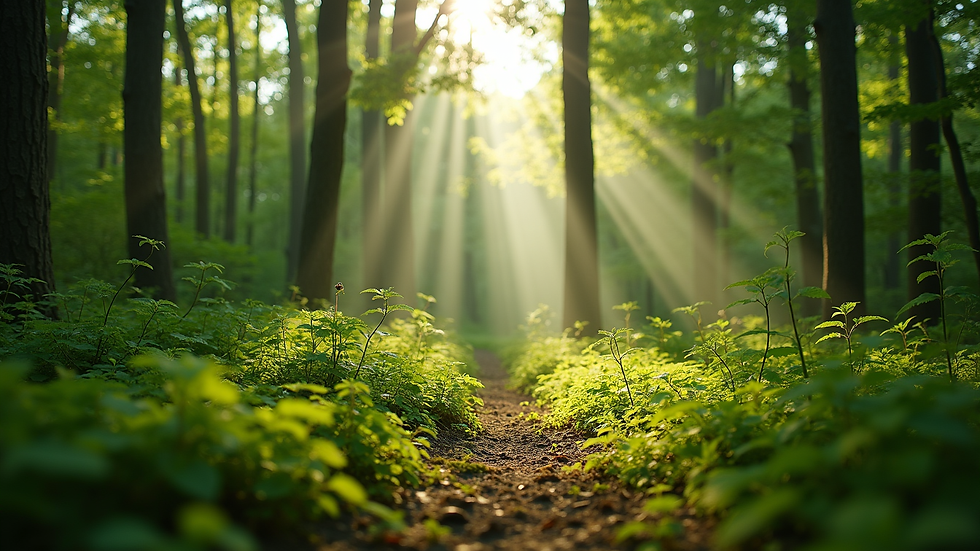 Eye-level view of a lush green forest with sunlight filtering through the trees