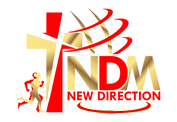 New Direction Ministries logo featuring a gold and red cross, a running figure, bold letter