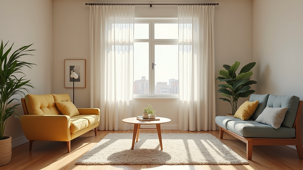 Eye-level view of a clean and organized living room with sunlight