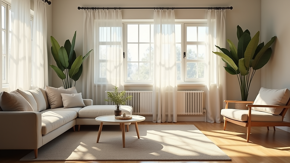 Eye-level view of a clean living room with sunlight