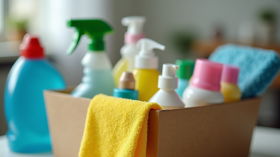 Close-up view of cleaning supplies organized in a caddy