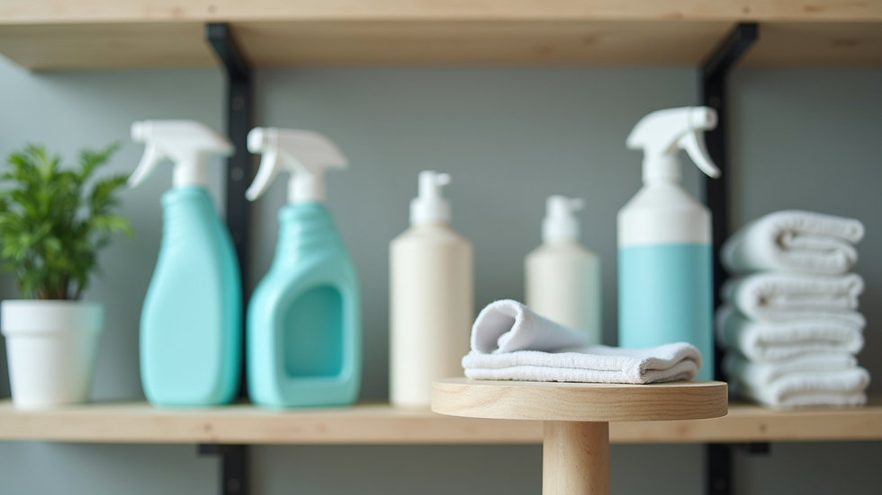 Close-up view of cleaning supplies arranged neatly on a shelf
