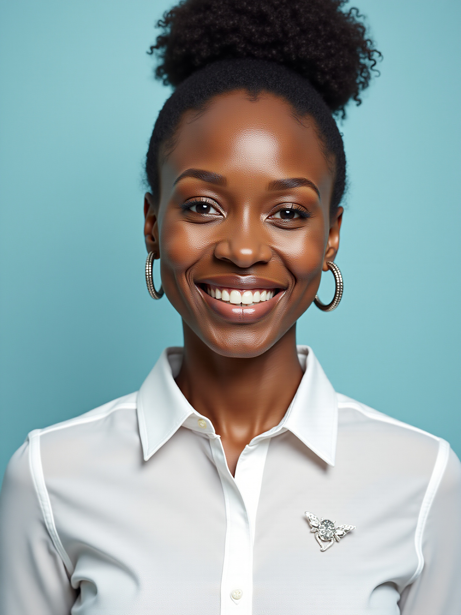 Smiling woman wearing white shirt and hoop earrings against a teal background.
