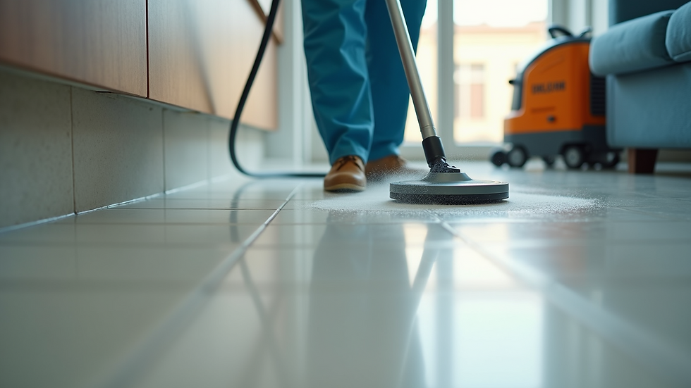 Eye-level view of a professional cleaner using a steam cleaner on a tiled floor