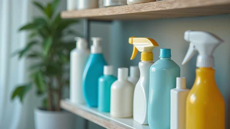 Close-up view of cleaning supplies arranged neatly on a shelf