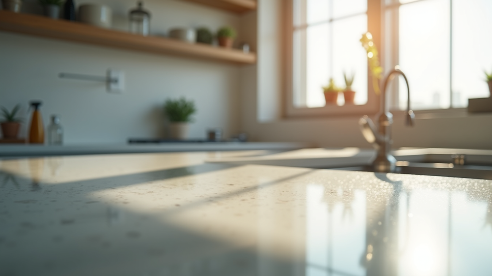 High angle view of a freshly cleaned kitchen countertop with shining surfaces