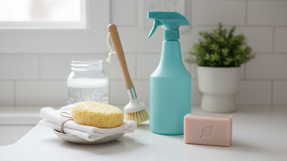Close-up view of cleaning supplies arranged neatly on a countertop