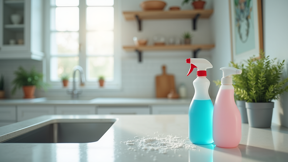 Close-up view of disinfected kitchen countertop with cleaning supplies