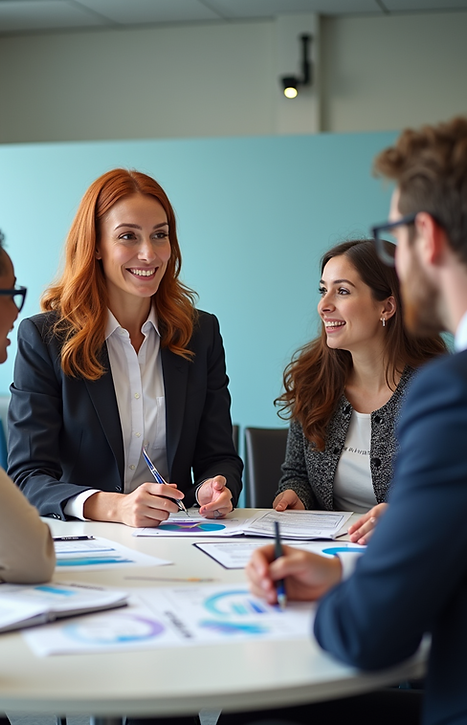 Public health administrator leading a team meeting to analyze financial and health data — Ascendant Healthcare Partners™ Cost to the Community™ report.