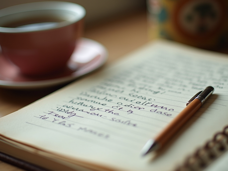 Journaling with coffee and pen — Grace Map™ rhythm coaching for women in transition