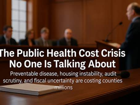 County officials listening to a fiscal briefing on preventable disease costs, housing instability, audit readiness, and local budget pressure during a government meeting.