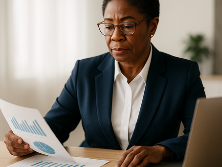 A public health administrator reviewing community data on a laptop in a calm office setting, symbolizing strategic decision-making and local leadership.