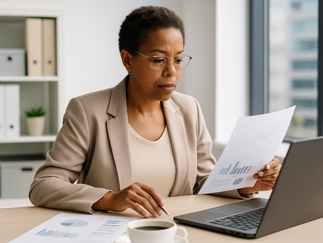 A public health administrator analyzing community health and ROI data in a modern workspace