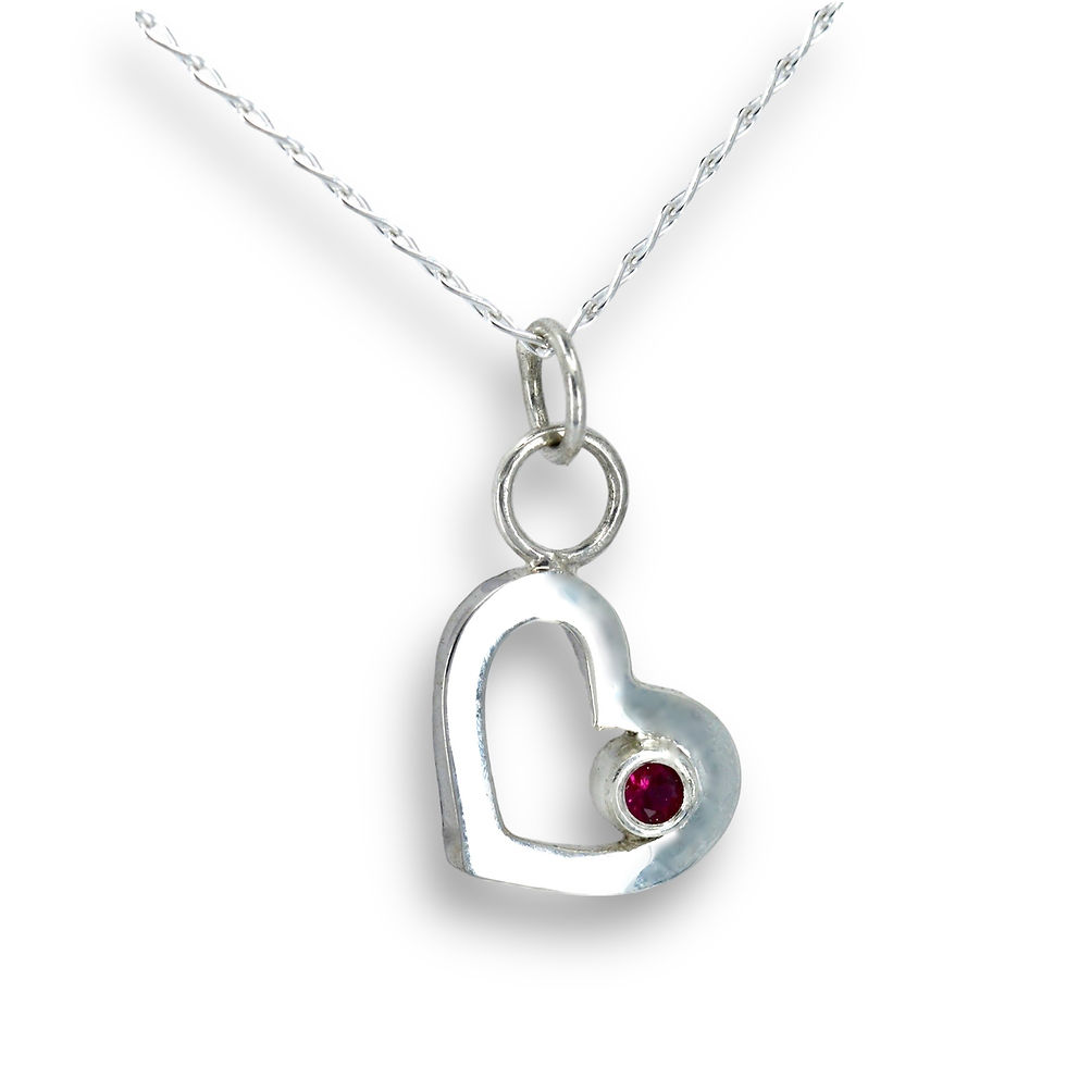 Recycled Solid Silver Open Heart & Ruby Pendant Necklace