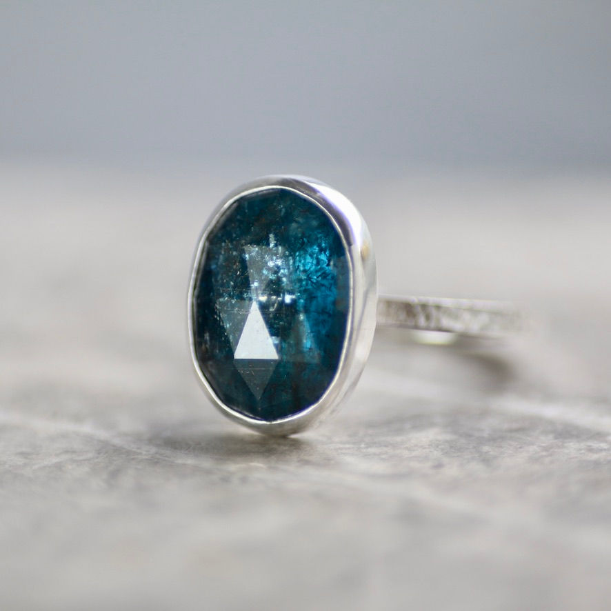 Teal Blue Kyanite Silver Ring UK Size L