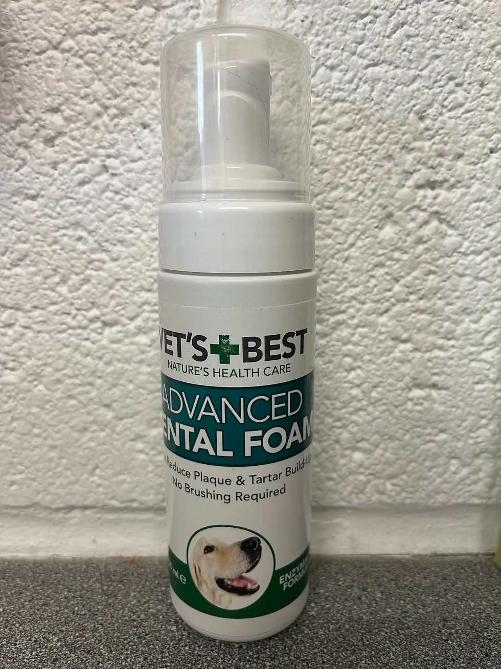 Vet's Best Advanced Dental Foam bottle eliminates plaque and tartar build-up. No brushing.