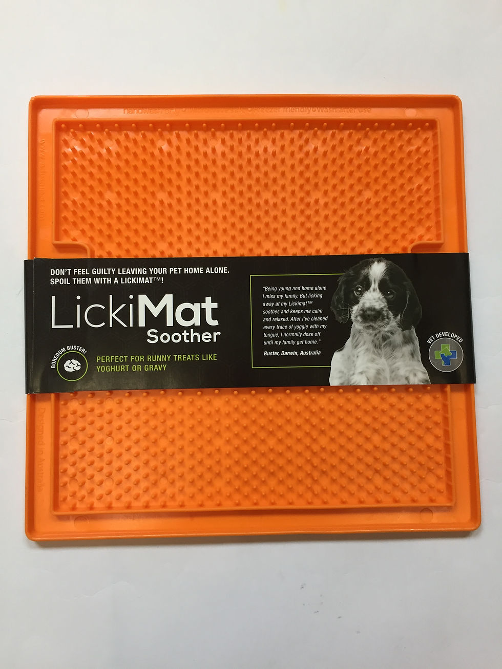 Thumbnail: Orange LickiMat Soother with text: Don't spill, quality, enjoy. Top Dog Show Supplies