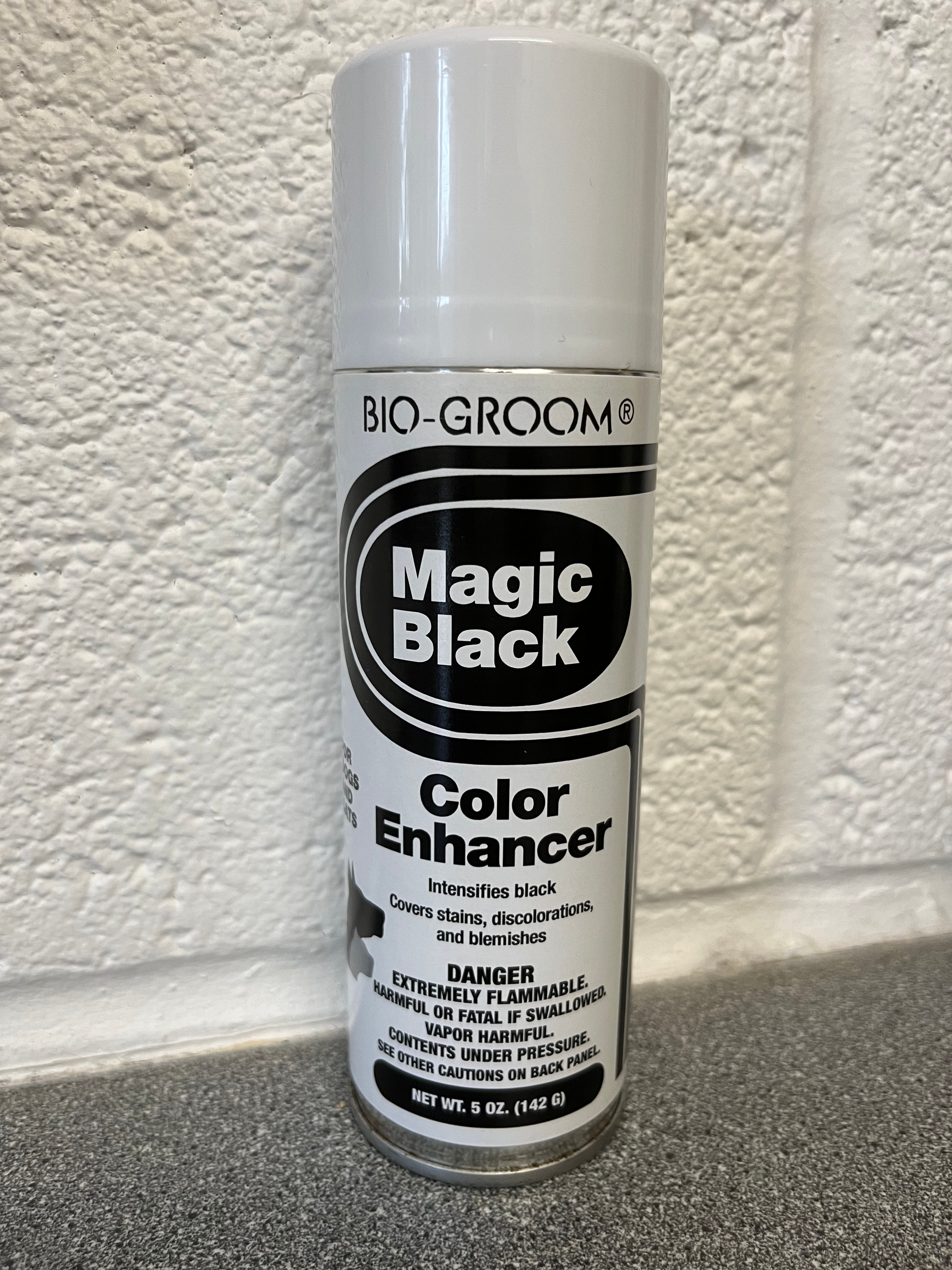 BIO-GROOM Magic Black Color Enhancer spray can on white background, danger warning.