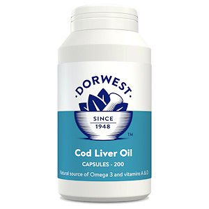 White Dorwest Cod Liver Oil capsules bottle with visible text and details.
