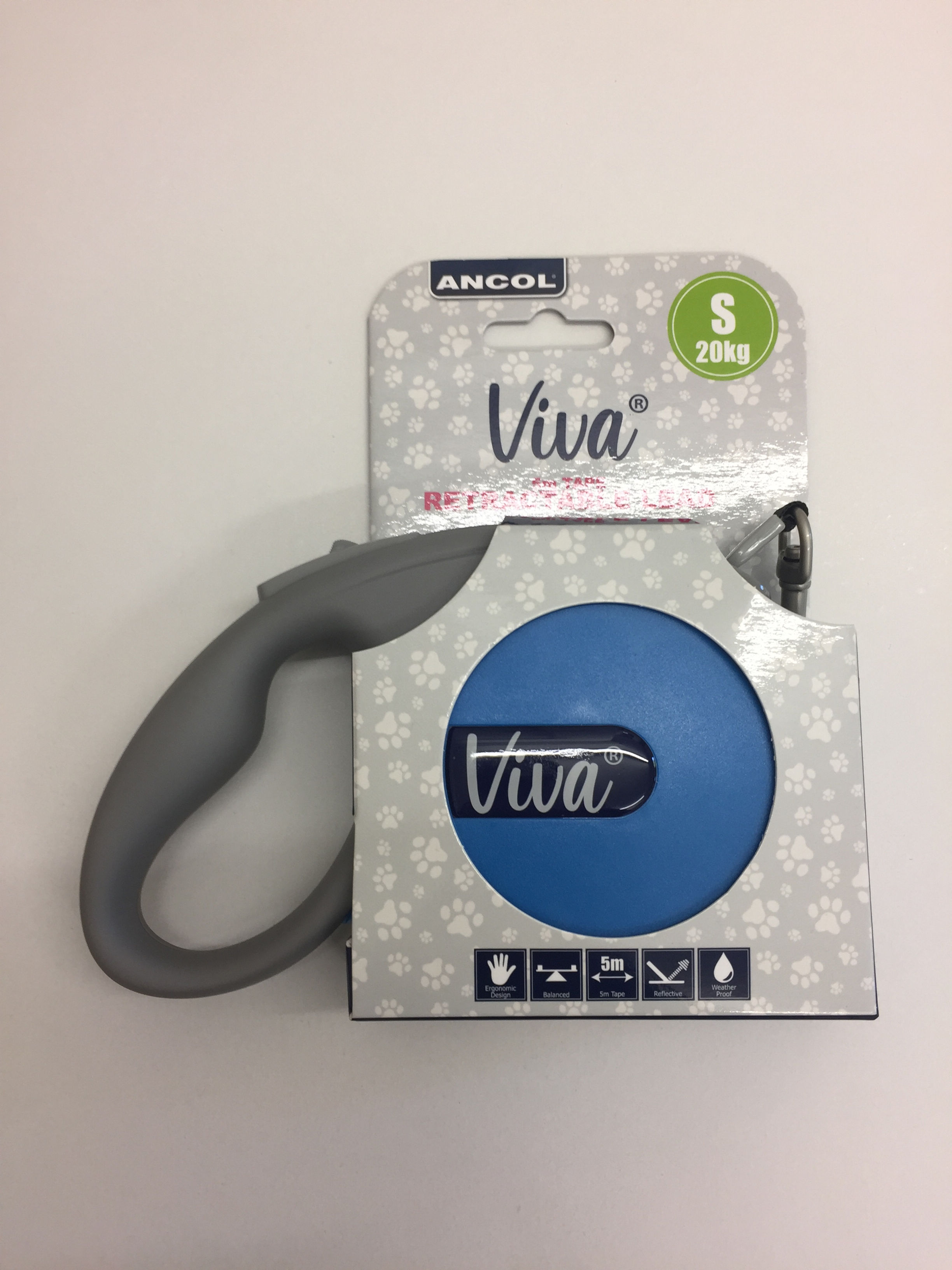 Angol Viva dog leash packaging. Features size S and 20kg weight capacity.