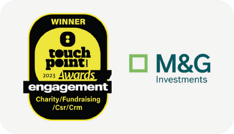 Badge Touchpoint Awards 2023, categoria Winner Engagement – Charity/Fundraising/CSR/CRM, con logo M&G Investments. Premio ottenuto da Absoluta per il progetto di comunicazione sociale realizzato per M&G Investments.