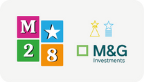 Badge Mediastars edizione 28 con stelle decorative e logo M&G Investments. Premio ottenuto da Absoluta per il progetto di comunicazione realizzato per M&G Investments.