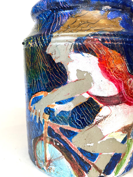 Joyful colourful Illustration full of energy. Male cyclist with big hair, shorts, green trainers and a guitar case on his back, rushing through the rain to a concert.