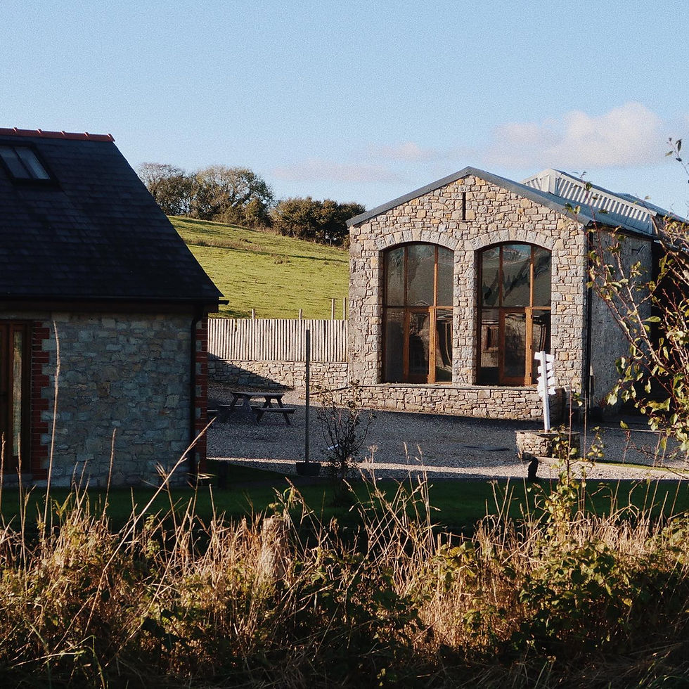 Stone buildings bask in the morning light on Rosedew Farm, set against a backdrop of rolling green hills and clear skies.