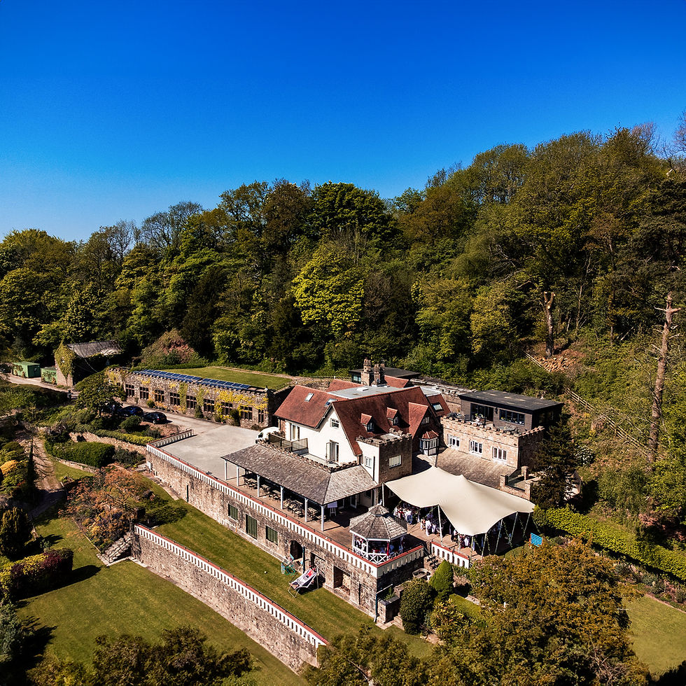A stunning aerial view of Caer Llan, nestled amid lush greenery and surrounded by expansive gardens, showcasing its charming architecture and serene setting.