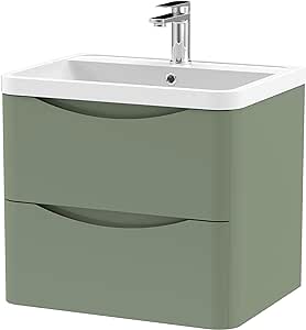 nuie Modern Bathroom Wall Hung 2 Drawer Vanity Unit & Polymarble Basin, 600mm, Satin Green