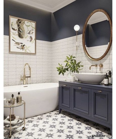 Freestanding bath, Navy Blue vanity unit and counter top bowl 