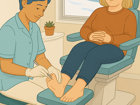 Cartoon image of blue-haired podiatrist treating a patient's feet. Through the window, we can see it is snowing outside.