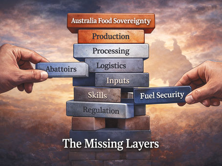 Jenga tower illustrating Australia food sovereignty with capacity stack layers including production, processing, logistics, inputs, skills and regulation while blocks labelled abattoirs and fuel security are removed.