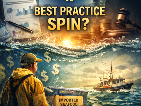 Illustration of a commercial fisher facing rough seas beneath charts, coins and official-looking documents, symbolising how so-called best practice science can mask economic and policy pressures on Australia’s domestic seafood industry.