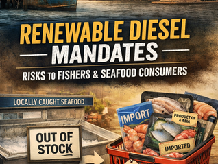 Fishing trawler docked with Sydney skyline in background, smoke rising from refineries, “Out of Stock” sign on local seafood, imported prawns and fish in a basket marked “Prices Up”