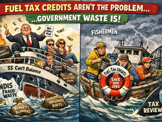 Satirical cartoon showing government bureaucrats partying on a sinking luxury yacht labelled “SS Can’t Balance,” while fishermen cling to a lifebuoy marked “Fuel Tax Credits” as a shark labelled “Tax Review” approaches.