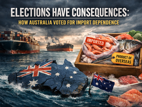 Illustration of Australia sinking into rough seas beside cargo ships and a crate of imported seafood, symbolising Australia’s growing dependence on overseas food and fuel.