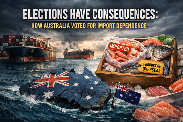 Illustration of Australia sinking into rough seas beside cargo ships and a crate of imported seafood, symbolising Australia’s growing dependence on overseas food and fuel.