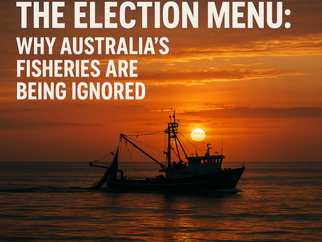 Australian fishing trawler at sunrise with headline about ignored fisheries.